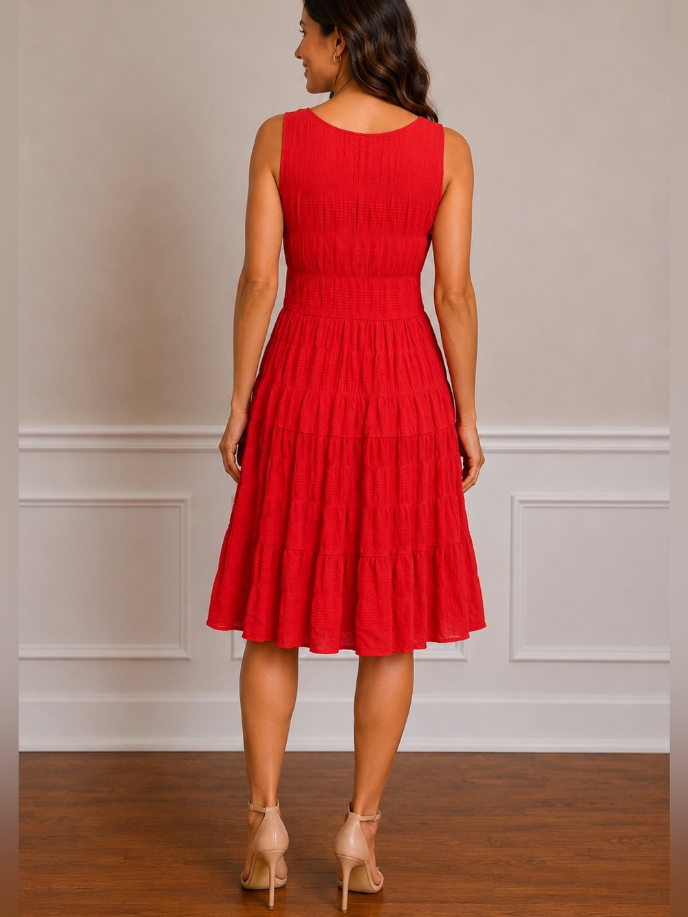 MAX STUDIO CORAL RED ORANGE TEXTURED TIERED DRESS | SLEEVELESS | SIZE L | NWT - Picture 2 of 8